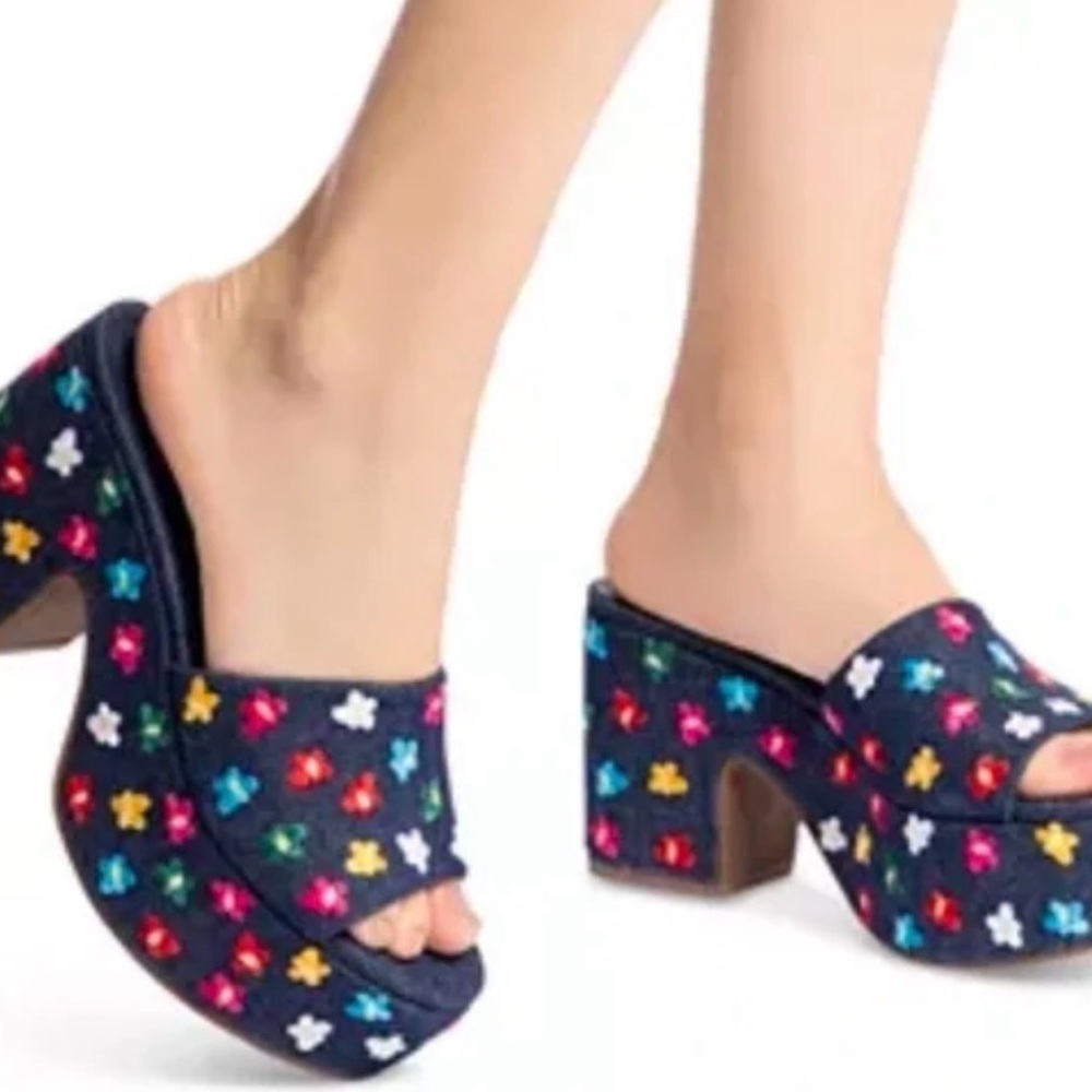 Larroude Miso Platform Deep Blue Denim Multi Color Flowers - Picture 2 of 4